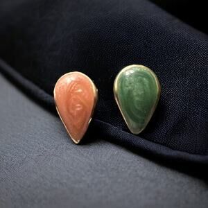 Vintage Mismatched Teardrop Stud Earrings Coral Green Gold